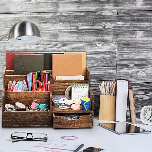 Pumtus Brown Wooden Mail Organizer, Desk Organizer with 7 Compartments and Drawer, Rustic Mail Sorter with Pen Holder, Tabletop Mail Basket, Office Accessories Holder for Pen File Letter Document thumbnail 2