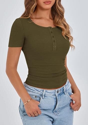 PRETTYGARDEN Women's Summer Tops Henley Tee Shirts | Soft Ribbed Fabric,Button Up, Short Sleeve,Slim Fitted,Basic Tshirts,Casual Trendy,Going Out Outfits,Fashion Clothing thumbnail 9