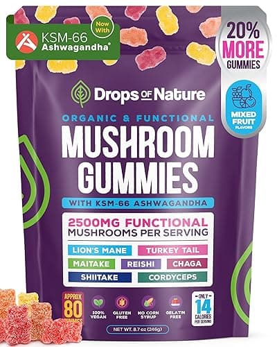 KSM 66 Ashwagandha & Lion's Mane Supplement Gummies - Comprehensive Mushroom Supplement for Cognitive & Immune Support, Vegan Blend with Reishi, Cordyceps - Low Carb, 80 Organic Mushroom Gummies - Image 1