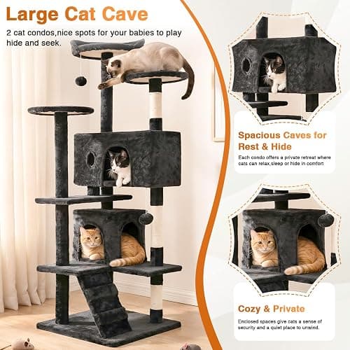FDW | 54" Cat Tree Tower | Dark Gray | Multi-Level Indoor Activity Center | with Sisal Scratching Posts, Condos, Plush Perches, Hanging Cat Toys | Sturdy, Easy to Assemble | for Kittens & Adult Cats thumbnail 5
