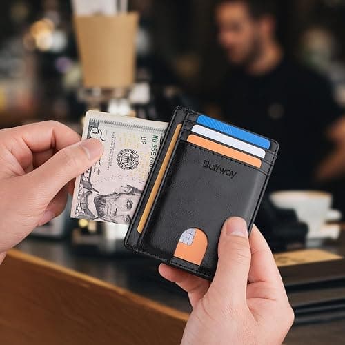 Buffway Slim Minimalist Front Pocket RFID Blocking Leather Wallets for Men and Women - Alaska Black thumbnail 2