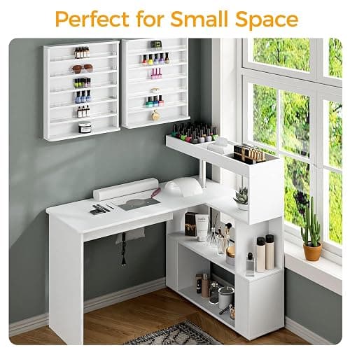 HolaiNail Manicure Table, L-Shaped Nail Tech Desk with Dust Collector, Reversible Rotating Table & Storage Shelf, Acetone Resistant Beauty Salon Station, White thumbnail 9
