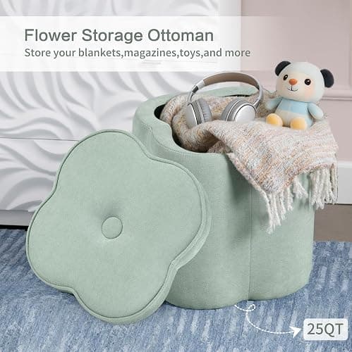 Crestview Collection Foot Rest Ottoman with Storage,Sage Green Chenille Fabric Flower Ottoman for Living Room, Vanity Stool for Bedroom,Floor Pouf for Home Decor,Seafoam Green,18 inches thumbnail 4