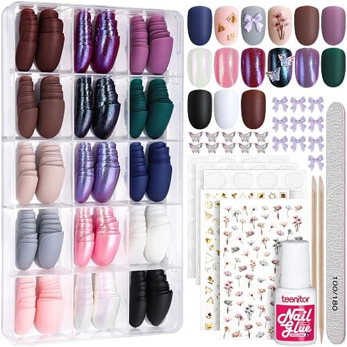 Teenitor 15 Packs Short Oval False Nails with Glue, Matte & Chrome Glitter Press on Nails Short, 360pcs Fake Nails Set with Glue on Nails for Women Girls Short Coffin Nails Tips with Nail Art Sticker - Image 1