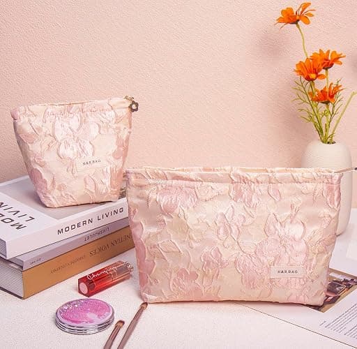getgto 2 Pcs Makeup Bags, Large Cosmetic Bag Travel Toiletry Bag Organizer for Women, Embroidery Craft, Floral Makeup Bag Small Cosmetic Pouch Purse with Zipper Gifts for Girls Teen thumbnail 2