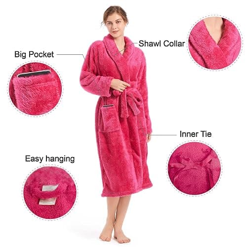Inner Wish Womens Plush Fleece Robe, Cozy Warm Bathrobe Fuzzy Female Spa Robe With Pockets thumbnail 5