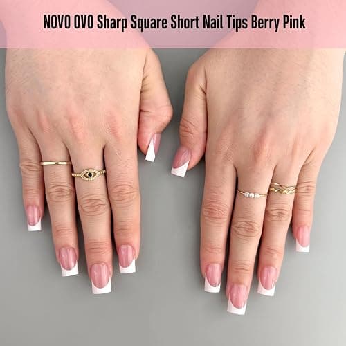 NOVO OVO Short Sharp Square White French Tip Nail Tips Press on BERRY PINK, Need Builder Gel Top Coat Nail Glue,Soft Gel Fake Nail Extension, Full Cover False Nails for Salon DIY x15 Sizes 240 pcs thumbnail 4