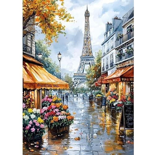 KEYIFA Paris Diamond Art Kits for Adults, DIY Diamond Painting Flower Shop, Round Full Drill, 5D Scenery Diamonds Dots Mosaic Painting, Gem Arts Craft for Home Wall Decor Gifts, 30x40cm - Image 1