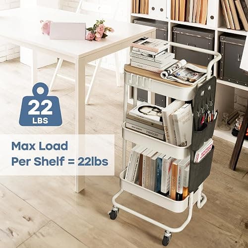 DTK 3 Tier Metal Utility Rolling Cart with Table Top and Side Bags, Metal Tray Storage Organizer Cart with Wheels, Art Craft Cart with 4 Hooks for Kitchen Bathroom Office Living Room (White) thumbnail 5