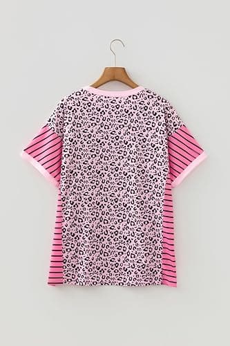 Mazulun Striped Leopard Sweatshirt for Women Color Block Patchwork Drop Shoulder Side Slit Pullover Shirt Tops thumbnail 4