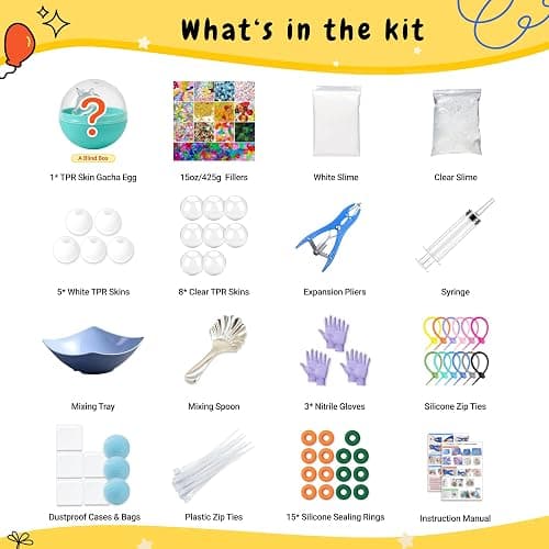 Geoynas DIY Stress Ball Kit for Adults – Squishy Stretch Pinch Toy | 13 fillers, 14 skins, pliers, bowl, mix spoon & 3 sealants. Squeeze & stretch for stress needoh. Case & gift bag. thumbnail 5