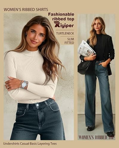 Riyiper 3 Pack Women's Ribbed Shirts, Mock Turtleneck Long Sleeve Tops Slim Fitted Undershirts Casual Basic Layering Tees thumbnail 3