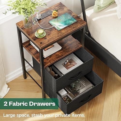 Huuger Nightstand with Charging Station, Side Table with Fabric Drawers, End Table with Open Shelf, Bedside Table with USB Ports and Outlets, Night Stand for Bedroom, Rustic Brown and Black thumbnail 5