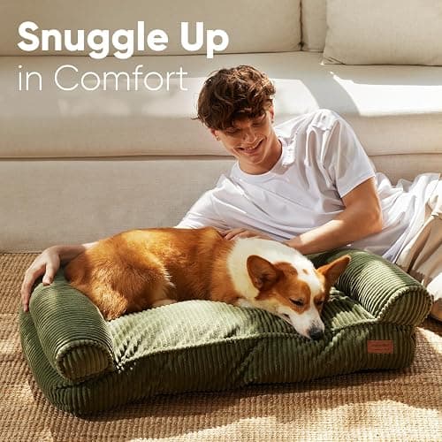 FUKUMARU Dog Couch Bed, Corduroy Cozy Cat Bed for Indoor Cats with Washable Cover, 28in Waterproof Orthopedic Dog Beds Sofa for Small Dogs and Large Cats, Cute Warm Cotton Pet Sofa, Green thumbnail 3