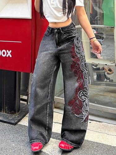 OYICAI Damen Baggy Stickerei Jeans Hip Hop Weite Denim-Hosen | Y2K-Look der 2000er Jahre, übergroßer, Skater-Streetwear, locker bequeme Passform, Skateboard geeignet, casual thumbnail 2