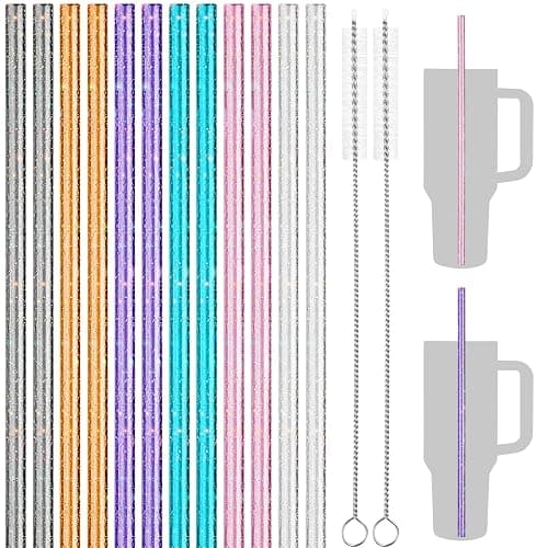 NiHome 12-Pack Glitter Plastic Straws Fit for Stanley 40 oz Tumbler, 12” | Assorted Color Reusable Glitter Drinking Straws Fit for Stanley Cup with Brushes, BPA-Free, with Laser-Induced Sparkle - Image 1