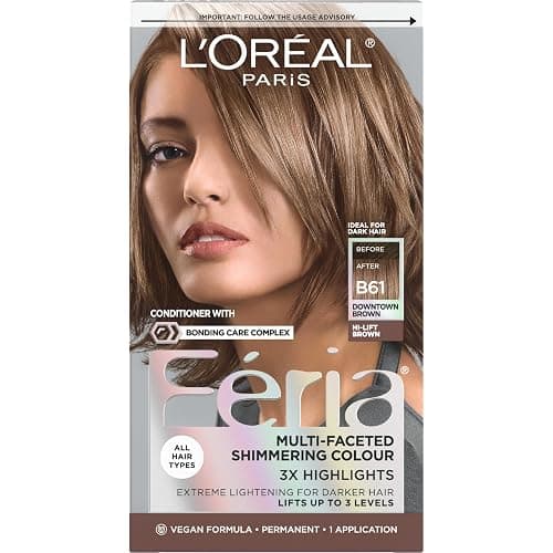 L'Oreal Paris Feria Multi-Faceted Shimmering Permanent Hair Color, B61 Downtown Brown (Hi-Lift Cool Brown), 1 Hair Dye Kit - Image 1