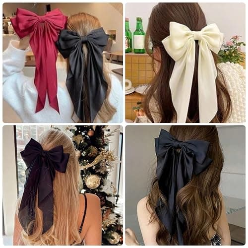 Hair Bows for Women - 3 Pcs Large Ribbon Hair Clips with Long Tail Tassels, Big Hair Barrettes for Girls (Black, Red, Beige) thumbnail 3