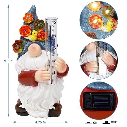 FORUP Resin Gnome Solar Rain Gauges, Resin Garden Gnome Statue with a Plastic Rain Gauge, Hand Painted Gnome Sculpture Water Gauge for Rain thumbnail 2