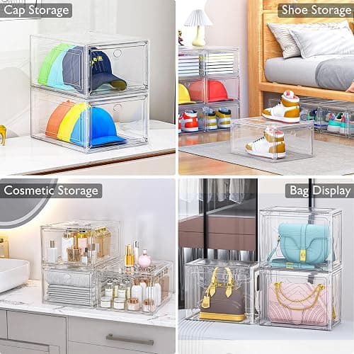 Thicken & Sturdy Clear Shoe Storage Organizer with Magnetic Door, Stackable Boxes for Closet, Foldable Space-Saving Shoe Rack for Sneaker Boot Container, Plastic Shoe Cabinet Shoe Box 6 Pack, White thumbnail 7