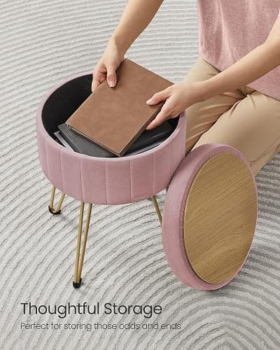 SONGMICS Vanity Stool Chair, Small Ottoman Stool with Storage, Velvet Makeup Stool, 15.4 Dia. x 17.5 H Inches, Jelly Pink ULOM003R01 thumbnail 6