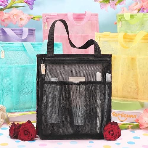 famichan Portable Mesh Shower Caddy, Gym Travel Camp Dorm Room Essentials for College Student Boy Girl, Bathroom Shower Bag - Black thumbnail 2