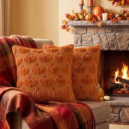 Softalker Fall Throw Pillow Covers 18x18 Set of 2 Rust Orange Pumpkin Decor | Double-Sided plush comfort with raised Autumn pumpkin embroidery, designed for couch sofas, bedrooms, and home decorations. thumbnail 6