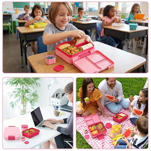Kids Bento Lunch Box Set with 9.5oz Soup Thermo, Leak-Proof Lunch Food Containers with 3 Compartment and Removable Inner Tray, Insulated Hot Food Jar with Lunch Bag for School, Office, Pink thumbnail 7