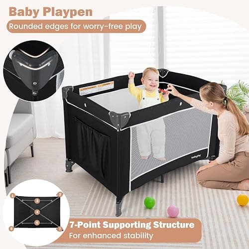 BABY JOY 3 in 1 Pack and Play, Travel Baby Crib Bassinet Bed with Bassinet, Changing Table with Safety Belt, Toy Bar, Lockable Wheels, Portable Baby Playard from Newborn to Toddler thumbnail 8