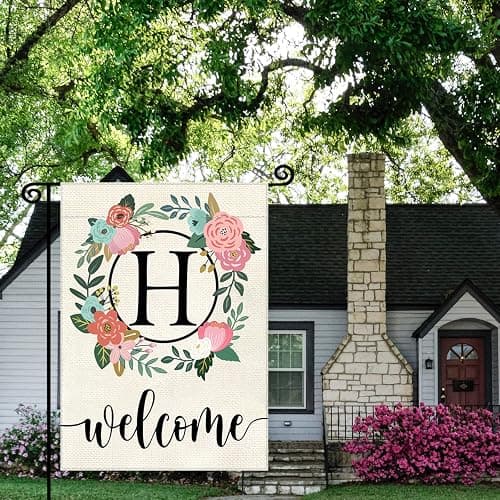 YeeCASE Monogram Letter Garden Flag Floral 12x18 Inch Double Sided for Outside Small Burlap Family Last Name Initial Yard Flag (H) thumbnail 2