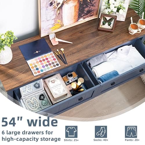 Joaxswe 6 Drawers Dresser for Bedroom, Farmhouse 54 Inch Wide Wood Dresser Chest of Drawers, Vintage Design TV Stand, Rustic Storage Dressers Organizer for Bedroom, Living Room, Hallway - Navy Blue thumbnail 6