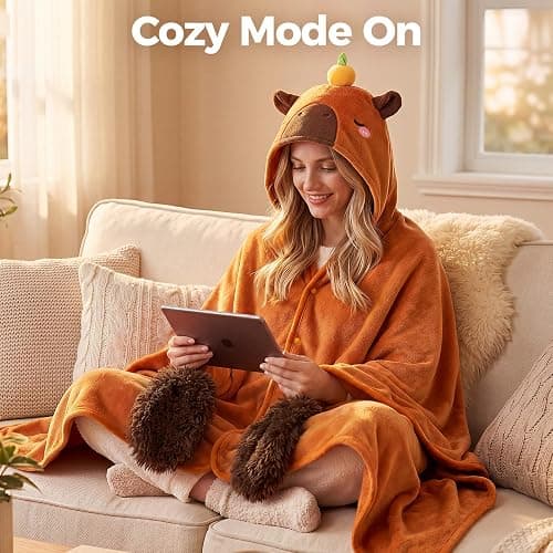 Mewaii Capybara Gifts Wearable Blanket Hoodie Soft Flannel Capybara Blanket | Full-Body Coverage, Hands-Free Design, Machine Washable, For Home, Camping, Study & Lounging, Gift for Women & Animal Lovers thumbnail 3