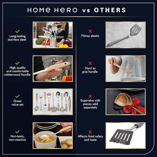 Home Hero Stainless Steel Kitchen Utensils Set - Nonstick Cooking Utensils Set - Heat Resistant Kitchen Essentials & Metal Kitchen Gadgets (10 pcs - Wood and Stainless Steel) | Ergonomic Wood Handle Stainless Steel Kitchen Utensils - Rust-Resistant, Nonstick Safe with Storage Holder (10-Piece) thumbnail 7