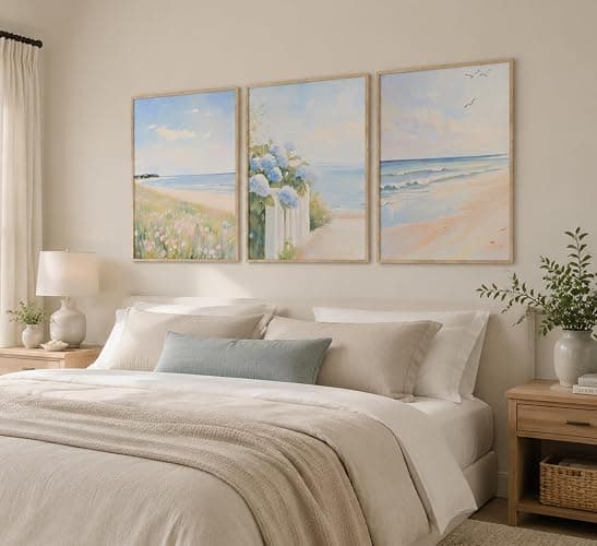 Wood Framed Pastel Coastal Wall Art Pink Beach & Blue Hydrangea Pictures Wall Decor Ocean Wildflowers Posters Summer Beachy Preppy Painting Print Artwork for Beach House Bedroom Dorm Apartment thumbnail 4