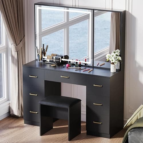 Jartoil Vanity Desk with Large Mirror and Lights, Black Makeup Vanity with 7 Drawers, Adjustable Brightness Vanity Table with Glass Door Cabinet, Modern Vanity Set with Stool for Bedroom thumbnail 9