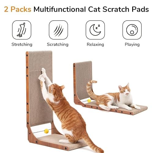 FUKUMARU Cat Scratcher, 26.8 Inch Cat Scratch Pad for Indoor Cats, L Shaped Cardboard Vertical Cats Scratching Board with Ball Toy, Walnut Color, 2 Packs thumbnail 3