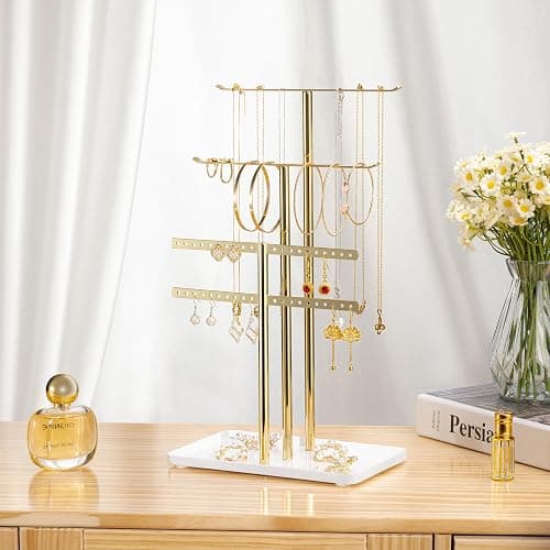 pickpiff Jewelry Stand Holder Organizer: 14.5" Sturdy Hanger for 80 Pcs Jewelry, Jewlery Tower for Display Necklace, Earring, Bracelet, Watch, Mirrored Gold thumbnail 7