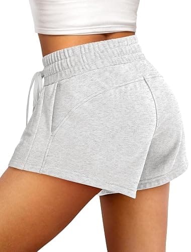 IWD Womens Sweat Shorts Casual Summer Comfy Cotton Shorts Drawstring High Waisted Lounge Shorts with Pockets - White Heather - Small thumbnail 4