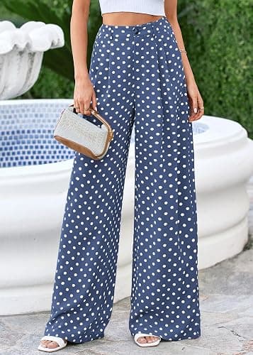 KIRUNDO Wide Leg Pants for Women 2026 Summer Flowy Polka Dot Trousers | Lightweight Dressy Palazzo Work Pant, Elastic High Waisted Pleated Slacks With Pockets, Business Casual Fall Vacation Outfits thumbnail 2