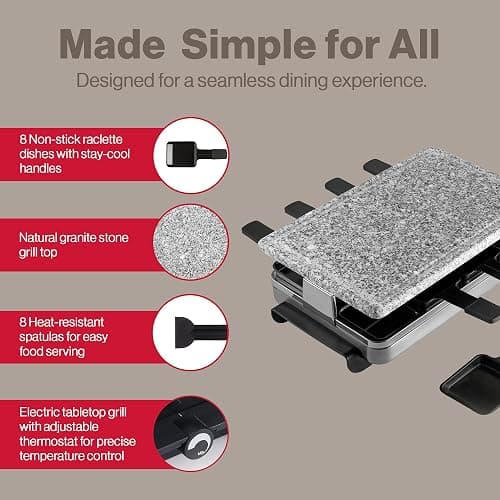 Swissmar Stelvio Raclette Party Grill with Granite Stone Non-Stick Grill Plate/Crepe Top, Outdoor & Indoor Electric BBQ Grill, Samgyupsal Griller - Brushed Stainless Steel - 8-Person - Silver thumbnail 6