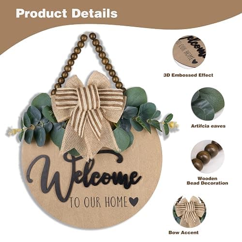 Condorpasea 3D Welcome Sign for Front Door | Home/Farmhouse Porch Décor Wooden Hanging Sign with Artificial Leaves and Rustic Beads | Christmas Classroom |12" Round thumbnail 3