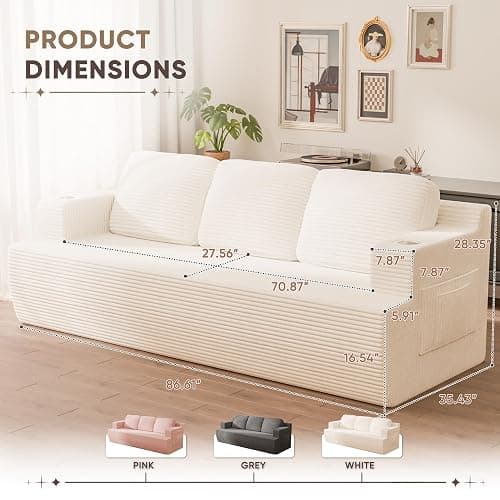 Homall 87” Boneless Sofa Couch with 2 Pillows Extra Deep Seats, Corduroy Fabric 3 Seater with Cup Holder & Storage Pocket Upholstered Floor Easy Installation (White, 3 Seater) thumbnail 2