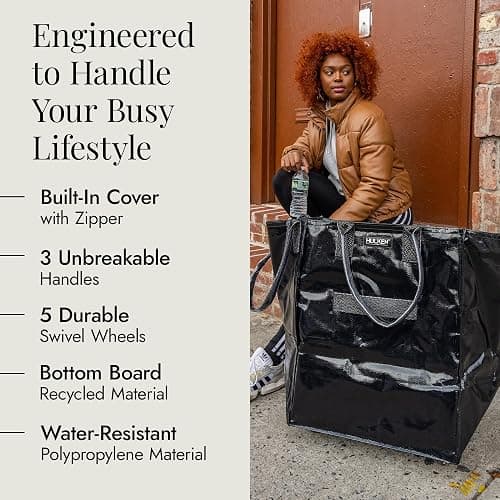 HULKEN - Large, Black - Reusable Grocery Bag On Wheels, Shopping Trolley, Rolling Tote, Zipper Closure, Lightweight, Carries Up to 66 lb & Fits 5 Grocery Bags, Folds Flat, Unbreakable Handles thumbnail 5