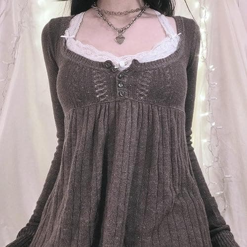 Tsultryofs Y2K Fairy Grunge Knit Long Sleeve Tunic Tops Low Cut Peplum Babydoll Blouse Button Down Harajuku 90s Sweater thumbnail 3