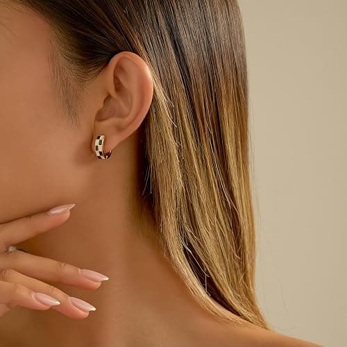 Sriomu Chic Checker Small Hoop Cartilage Earrings Teacher Earrings for Women；White Black Enamel Hypoallergenic Hooped Gifts Gold and Silver tone thumbnail 2