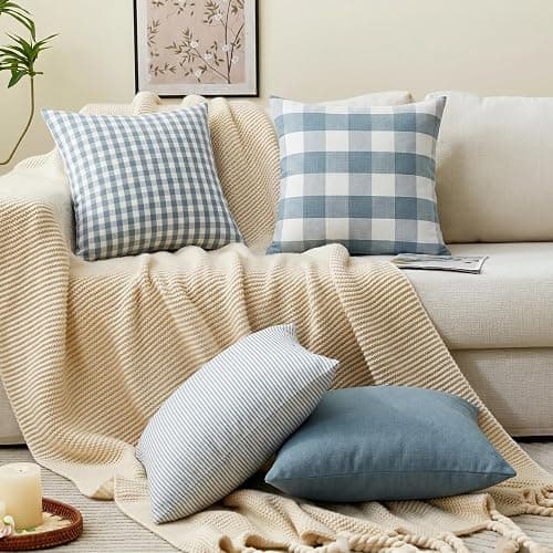 Outdoor Blue Striped Pillow Covers 20x20 Set of 2, Farmhouse Decorative 20 x 20 Pillow Covers, Light Blue and White Outdoor Accent Cushion Covers for Couch Sofa Bedroom Patio Coastal Room Decor thumbnail 6