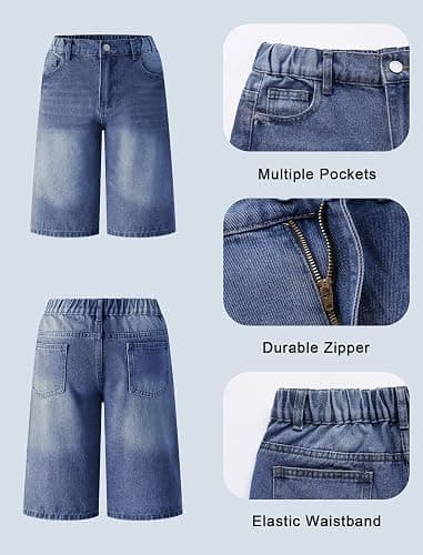 Peakpride Girls Jean Shorts Baggy Wide Leg Washed Bermuda Denim Shorts Straight Leg Cute Summer Y2K Streetwear 7-14Y thumbnail 6
