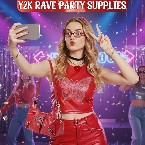 Sunnymove 12 Pcs Y2k Vintage Accessories Set, Red Shoulder Bag with Gothic Chain Clasp Star Hair Clips and Chain Heart Necklaces Small Oval Glasses 90s Suitable for Y2k Fashion Accessories thumbnail 2