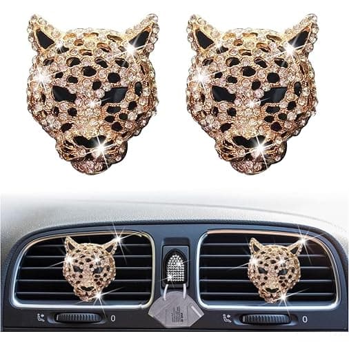 2PCs Golden Bling Leopard Air Freshener Vent Clip Rhinestone Car Decoration Interiors Accessory - Image 1