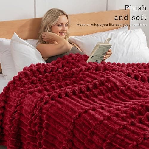 Exclusivo Mezcla Fleece Throw Blanket for Couch, Super Soft Striped Jacquard Bed Blanket, Lightweight Fuzzy Cozy for All Seasons, 50x60 Inches, Deep Red thumbnail 3